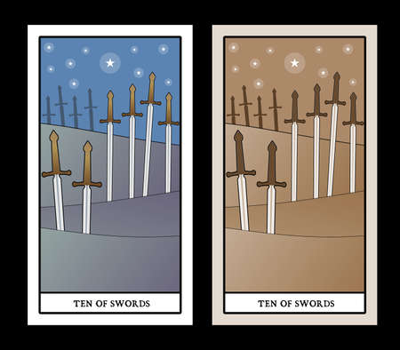 Ten of swords. Tarot cards. Ten swords stuck on the ground in the countrysideのイラスト素材