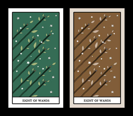 Eight of wands. Tarot cards. Eight rods in the air, surrounded by leaves, clovers and flowersのイラスト素材