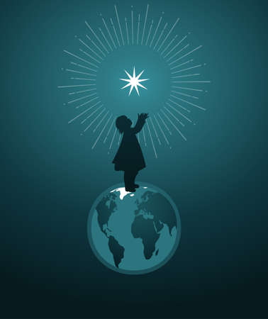 Symbolic Christmas image of a girl's silhouette, over the world, reaching for a starのイラスト素材