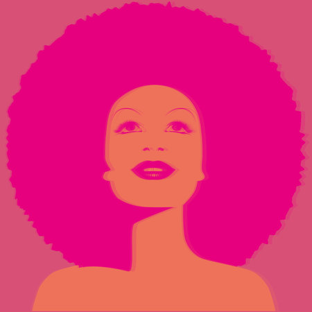 Beautiful woman with afro style curly hair, acid colors. Hologram simulation. Poster music soul, funk or disco style 60s or 70sのイラスト素材