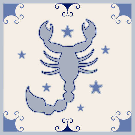 Illustrated ceramic tile. Scorpion inside in an ornamental frame and stars. Medieval style.のイラスト素材