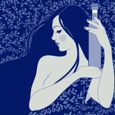 Ceramic Tile style illustration. Beautiful girl holding a bottle of olive oil, surrounded by olives and olive branches.のイラスト素材