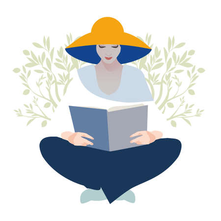 Woman with hat reading a book, sitting relaxed summery atmosphere. Olive branches in the background.のイラスト素材