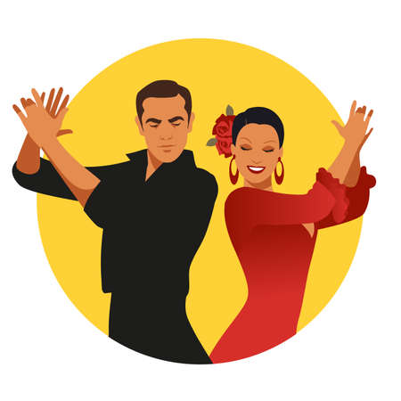 Couple of Spanish flamenco dancers playing clapping. Yellow circle on white backgroundのイラスト素材