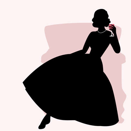 Silhouette of woman sitting on an armchair and dressed in elegant retro style dress holding a glass of red wineのイラスト素材