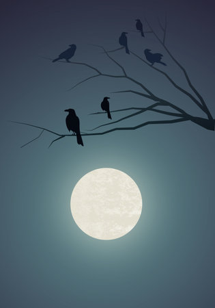 Silhouettes of crows on tree branches and the full moon in the background.のイラスト素材