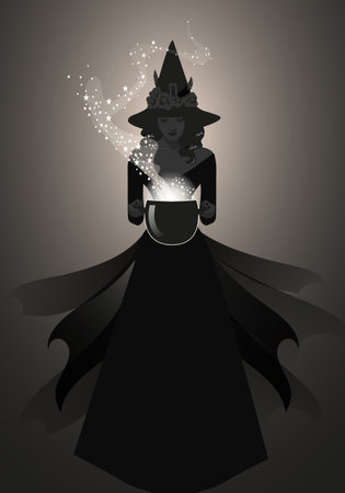 Beautiful witch wearing hat and black dress holding a magic cauldron casting a spell.のイラスト素材