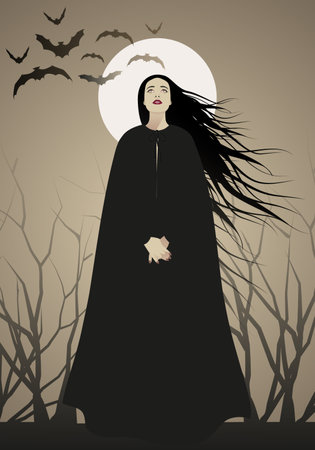 Woman with long black hair, dressed in black, standing on a background of dry branches, the moon and a group of bats.のイラスト素材