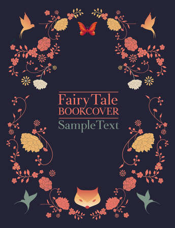 Ornamental frame of flowers and animals for fables and fairy tales. Vintage style storybook coverのイラスト素材