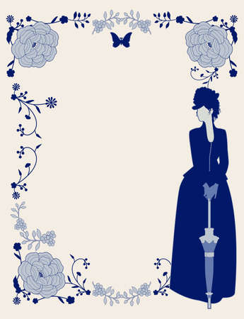 Ornamental frame of flowers and elegant victorian lady. Vintage style storybook cover. Mediterranean style vintage tileのイラスト素材