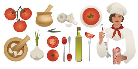 Kitchen utensils and ingredients illustrations set. Female cook holding a mixer for beating tomatoes.のイラスト素材