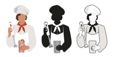 Three illustration of female cook holding a mixer for beating tomatoes isolated on white backgroundのイラスト素材