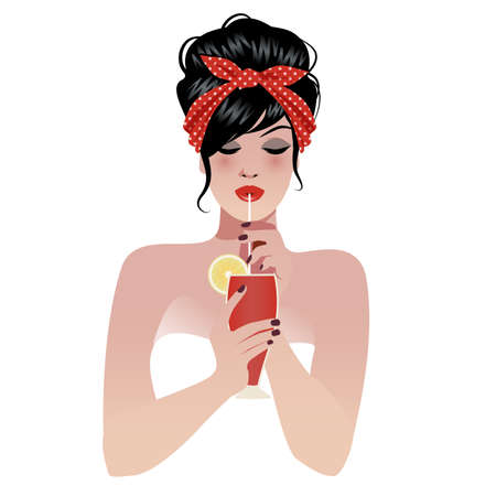 Beautiful pin up girl wearing a 50's style headscarf, drinking a cocktail or juice through a strawのイラスト素材