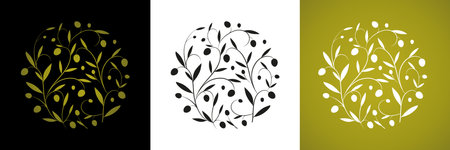 Abstract circular image of graphic elements related to olives and olive oil. Extra virgin olive oil symbol. Symbol of culture and Mediterranean food.のイラスト素材