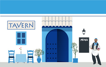 Traditional Greek tavern, typical plants and white and blue Mediterranean architectural and decorative elements. Mustachioed waiter dressed in traditional Greek style.のイラスト素材