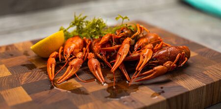 Tasty boiled crayfishes with fennel on table