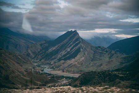Dagestan traditional highland village Danukh with green terraces in Caucasus Mountains. Rural mountain scenery in Russiaの写真素材