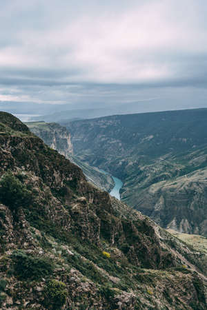 Dagestan traditional highland village Danukh with green terraces in Caucasus Mountains. Rural mountain scenery in Russia. High quality photoの写真素材