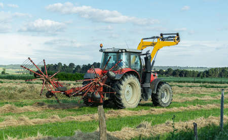 Perspective of tractor with raised rake, both in red, as it turns in a plot of dry grass swaths.