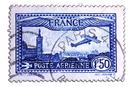old postal stamp with french lanscape as motiveの写真素材