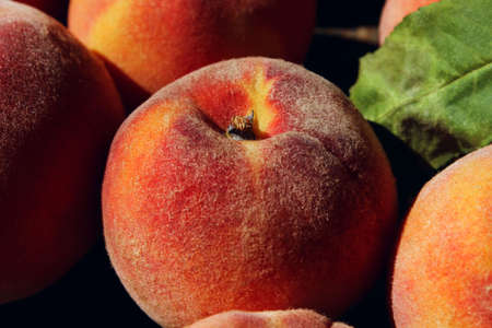 Peaches scattered on a wooden table, top view, horizontal image. Fruits on wooden background.の写真素材