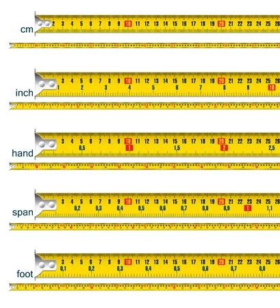 tape measure in cm, cm and inch, cm and hand, cm and span, cm and footのイラスト素材