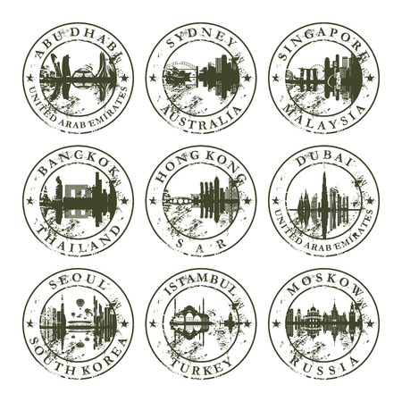 Grunge rubber stamps with Abu Dhabi, Sydney, Singapore, Bangkok, Hong Kong, Dubai, Seoul, Istambul and Moskow - vector illustrationのイラスト素材