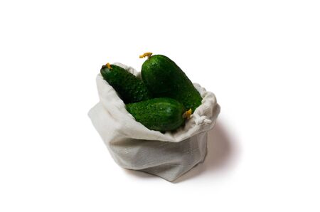 Cucumbers in linen sack isolated on whiteの写真素材