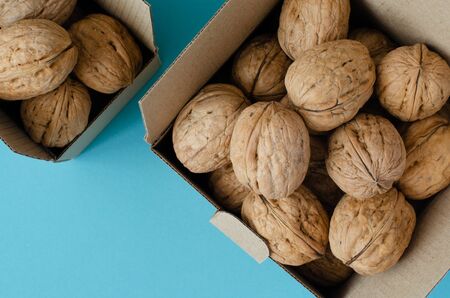 Walnut in craft paper boxes on blue backgroundの写真素材