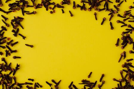 Cloves spice on yellow background with copy space. Top view.の写真素材