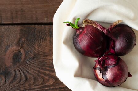 Red bulb onions on linen with copy space. Agricultural background. Red onion. Top viewの写真素材