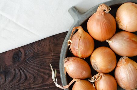 Bulb onions on concrete dish on wooden background with copy space. Agricultural background. Bulb onion. Top viewの写真素材
