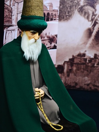 Mevlana Celaleddin-i Rumi wax in Balmumu Museum in Eskisehir city, Turkey. Shot on 16 December 2016 time around 4PM. Mevlana is important person in Konya city and Turkey.のeditorial素材
