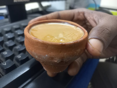 This photo shows a traditional kulhad (clay cup) filled with chai (Indian tea).These clay cups are commonly used to serve hot tea in India, especially at roadside tea shops.の写真素材