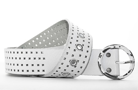 original white leather belt over on whiteの写真素材