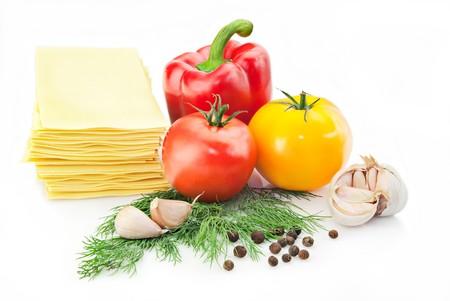 Lasagna ingredients.Tomato, pepper, garlic and lasagna sheetsの写真素材