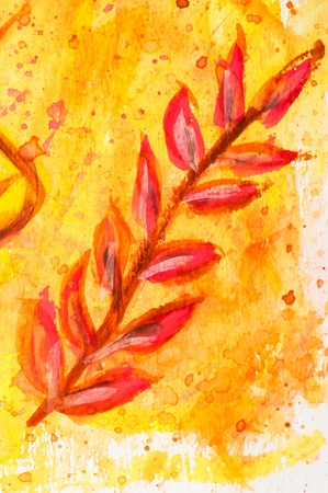 Macro detail of grunge watercolor painted autumn floral background with leavesの写真素材
