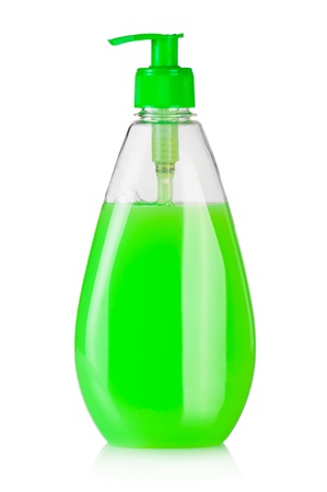 House cleaning supplies. Plastic bottle with liquid soap isolated on white backgroundの写真素材