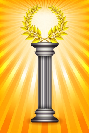 Award column with golden winner laurel wreath over sun rays background. Vector EPS10 illustrationのイラスト素材