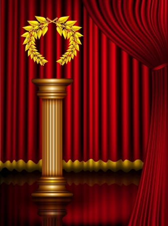 Award column with golden winner laurel wreath on theater stage with velvet curtain. Vector EPS10 illustrationのイラスト素材