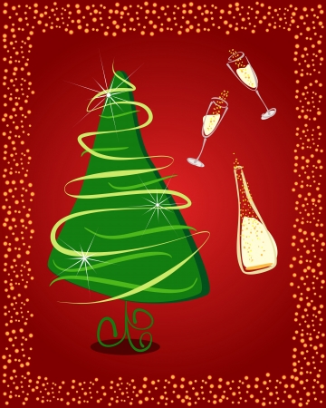 Happy New Year. Gift card with Christmas tree and champagneのイラスト素材