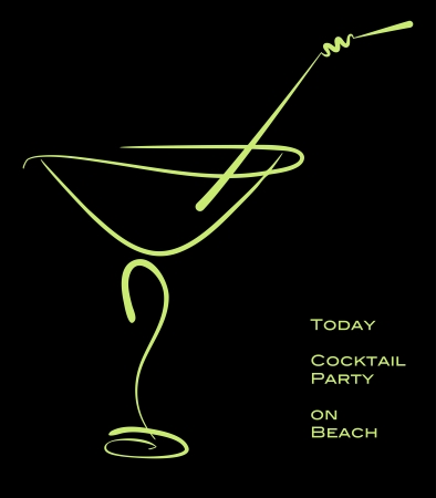 Cocktail party. Green silhouette of alcohol cocktail in glass with straw on black. のイラスト素材