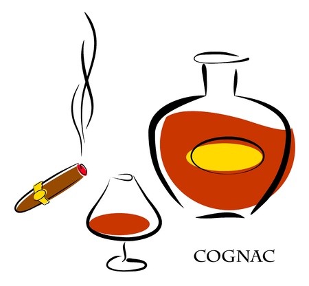Glass and bottle of luxury cognac with best tobacco cigar for high quality lifestyle. Vector eps10 illustrationのイラスト素材