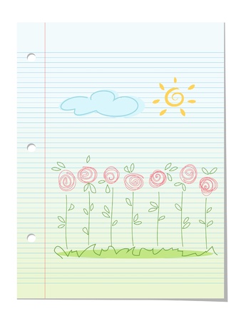 Summer garden floral background  Hand drawing concept of roses flowers at lined notebook paper sheet  Vector eps10 illustrationのイラスト素材