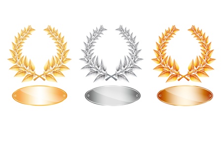 Gold silver and bronze laurel wreath and label for jubilee text or competition winner on white background. のイラスト素材