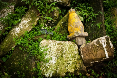 Ancient Buddhist prayer stones with written mantraの写真素材