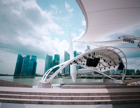 SINGAPORE - FEBRUARY 26: View at urban landscape with modern skyscrapers of business district Marina Bay Sands  from concert hall at riverside near Esplanade Theater on February 26, 2013 in Singaporeのeditorial素材
