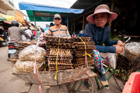 SIEM REAP, CAMBODIA - DEC 22, 2013: Unidentified Khmer people selling smoked fish at traditional marketplace on Dec 22, 2013 in Siem Reap, Cambodia. Street food markets is popular tradition in asiaのeditorial素材
