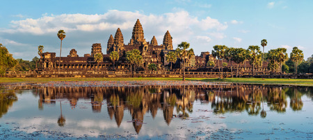 Ancient Khmer architecture. Panorama view of Angkor Wat temple at sunset. Siem Reap, Cambodiaの写真素材