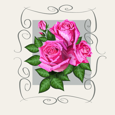 Romantic floral background with pink roses flowers and vintage frame. Vector gift card illustration for wedding invitation, birthday, valentine day or other life eventsのイラスト素材